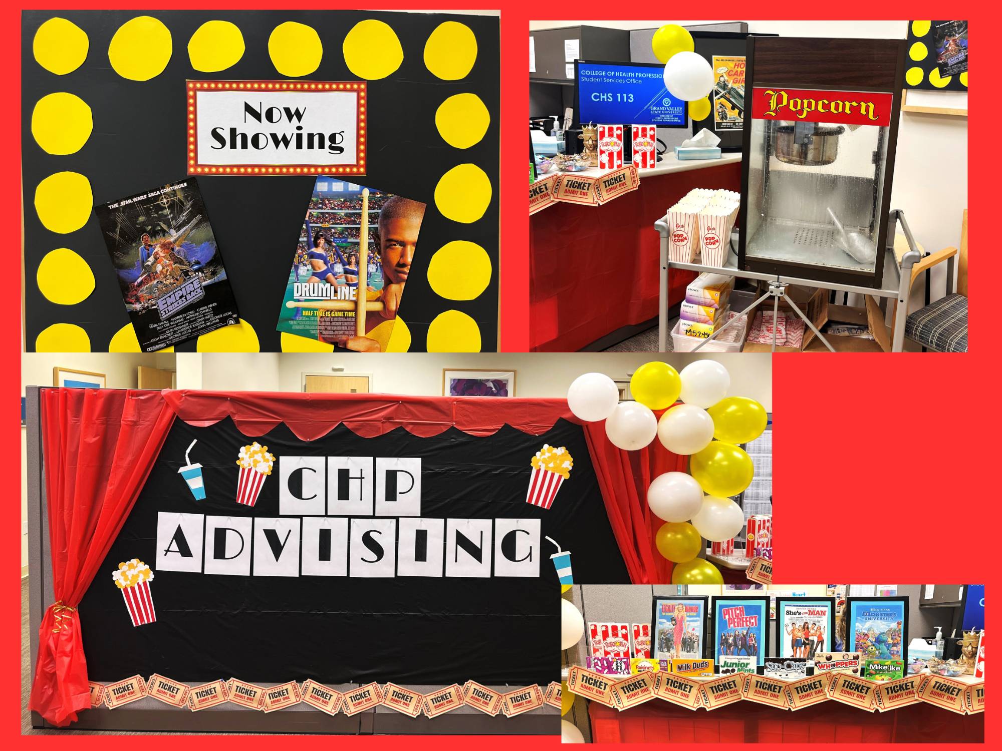 Desk decorated with black background and red curtains with "CHP Advising" and popcorn and pop on the stage. "Now Showing" decoration with movie posters. Popcorn machine with buckets of popcorn. Movie posters with movie tickets as border decoration